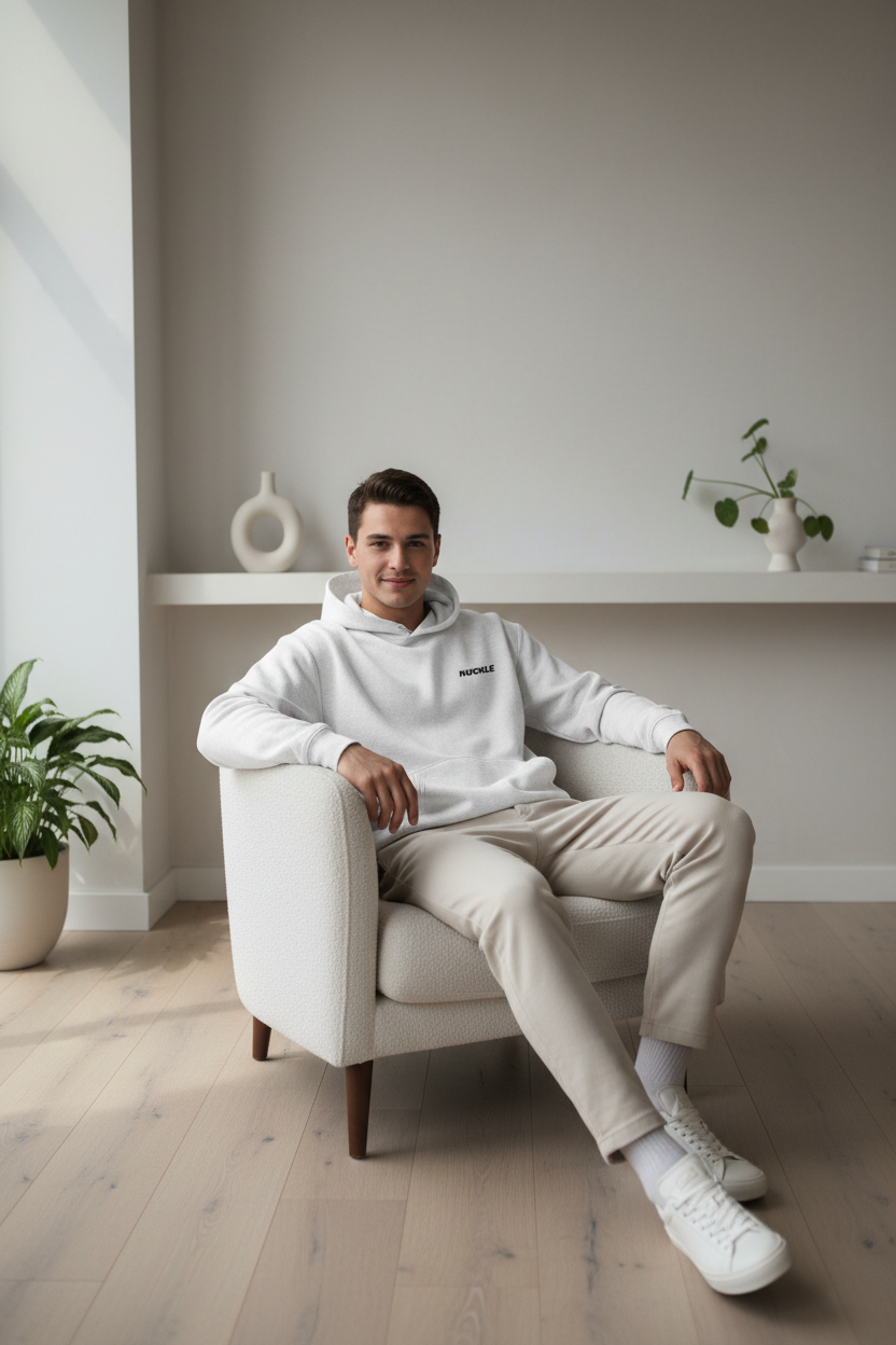 Minimalist lifestyle shot white hoodie